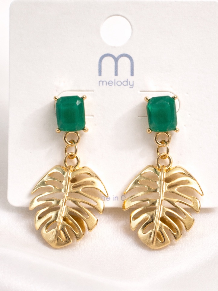 Tropical Gold Leaf Drop Earrings Green Stone Resort Statement 16$